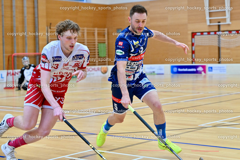 VSV Unihockye vs. KAC Floorball | #93 Marcel Gappmayer KAC Floorball, #5 Michael Kanduth VSV Unihockey, VSV Unihockye vs. KAC Floorball, VSV Unihockye vs. KAC Floorball am 13.04.2025 in Villach (Ballspielhalle St. Martin), Austria, (Photo by Bernd Stefan)