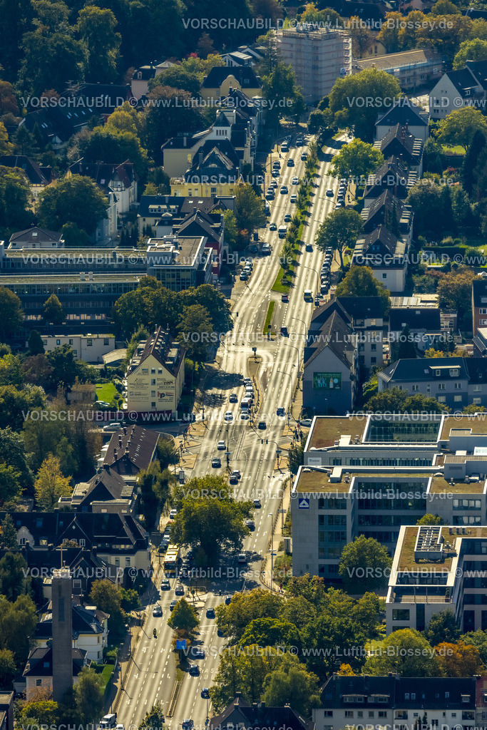Essen241001714 | Luftbild, Alfredstraße Bundesstraße B224 zwischen Manfredstraße und Holunderweg, Bäume im Mittelstreifen,  Wohngebiet, Rüttenscheid, Essen, Ruhrgebiet, Nordrhein-Westfalen, Deutschland