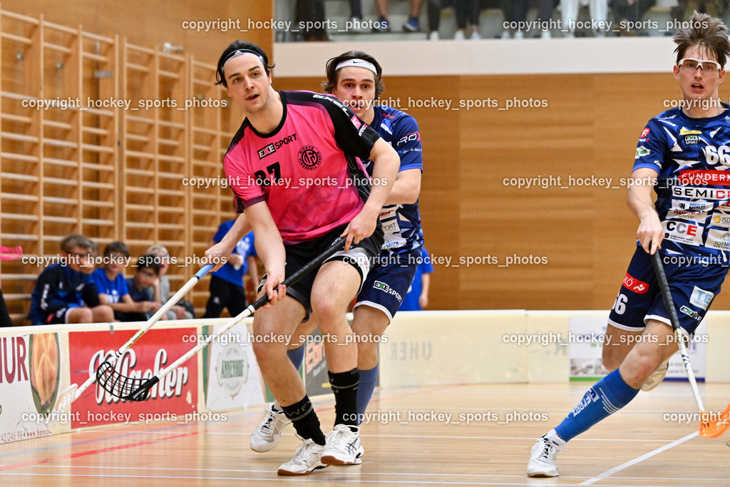 VSV Unihockey vs. Wiener Floorball Verein | #87 Christian Lindquist Wiener Floorballverein, #27 Lukas Floriantschitz VSV Unihockey, #66 Jakob Rainer VSV Unihockey, VSV Unihockey vs. Wiener Floorball Verein, VSV Unihockey vs. Wiener Floorball Verein am 18.05.2025 in Villach (Ballspielhalle St. Martin), Austria, (Photo by Bernd Stefan)