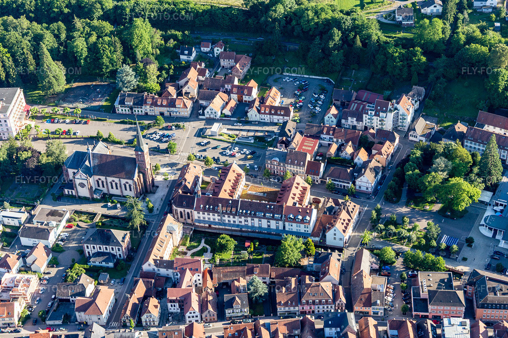 Aerial view: View of the town in Niederbronn-les-Bains in the state Bas-Rhin, France.Photo: IMG_115408.jpg taken on 06/16/2019 by Werner Riehm/FLY-FOTO.comResolution of the original: 5472 x 3648 px