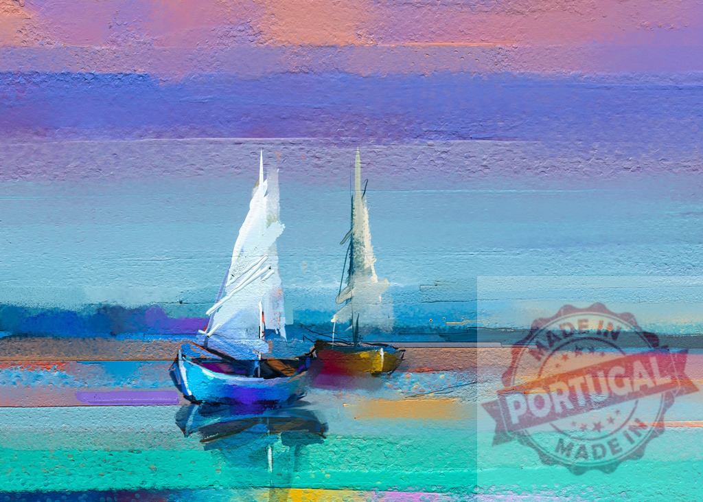 Sailboats reflecting on calm sea with colorful sunset painting | Abstract seascape painting with sailboats reflecting on water at sunset - Realized with Pictrs.com
