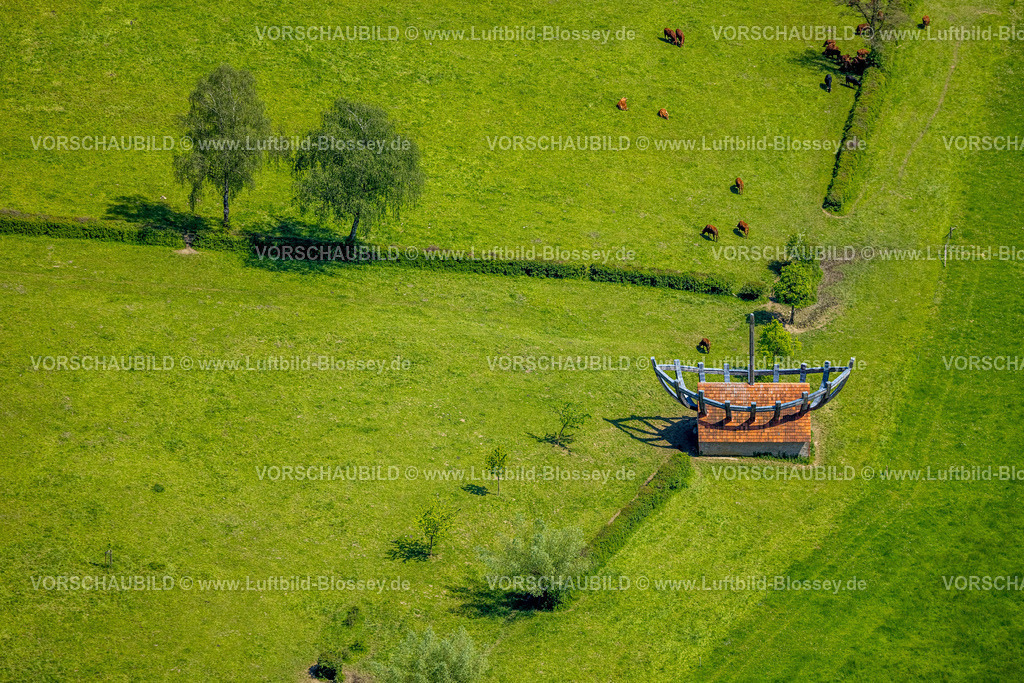 Nieheim240504652BootImHaus | Luftbild, Kuhstall auf einer Wiese mit Boot auf und im Haus als Kunstwerk vom Künstler Ilan Averbuch, NSG Naturschutzgebiet Hinnenburger Forst mit Emder Bachtal mit Wiesen und Feldern, Erwitzen, Nieheim, Ostwestfalen, Nordrhein-Westfalen, Deutschland