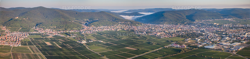 Luftbild: Panorama mit Morgennebel vom Ortsbereich und der Umgebung in Neustadt an der Weinstraße im Bundesland Rheinland-Pfalz in Deutschland. Foto: IMG_44359-Bearbeitet.jpg vom 20.08.2011 durch Werner Riehm/FLY-FOTO.deAuflösung des Originals: 12124 x 2906 px