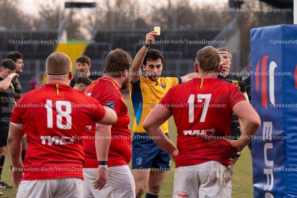 YDR1602250101046 | 16.02.2025, xydrx, Rugby Europe Championship, Deutschland - Belgien, 15er Männer, Auestadion Kassel: Seppe Verelst (Belgien #16) bekommt von Schiedsrichter Saba Abulashvili die Gelbe Karte gezeigt