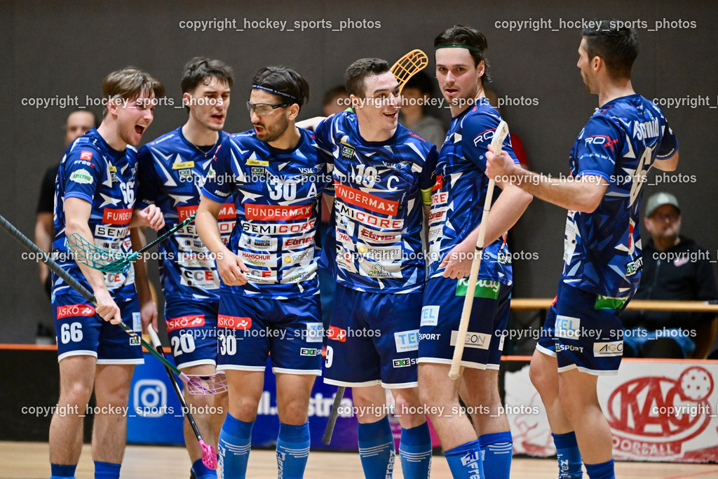 KAC Floorball vs. VSV Unihockey | #20 David Gredler VSV Unihockey, #30 Christoph Steiner VSV Unihockey, #66 Jakob Rainer VSV Unihockey, #19 Philipp Seiser VSV Unihockey, #6 Timo Schmid VSV Unihockey, Jubel VSV Unihockey, #60 Thomas Unterweger VSV Unihockey, #19 Philipp Seiser VSV Unihockey, KAC Floorball vs. VSV Unihockey, KAC Floorball vs. VSV Unihockey am 21.03.2026 in Klagenfurt (Ballspielhalle Waidmannsdorf), Austria, (Photo by Bernd Stefan)