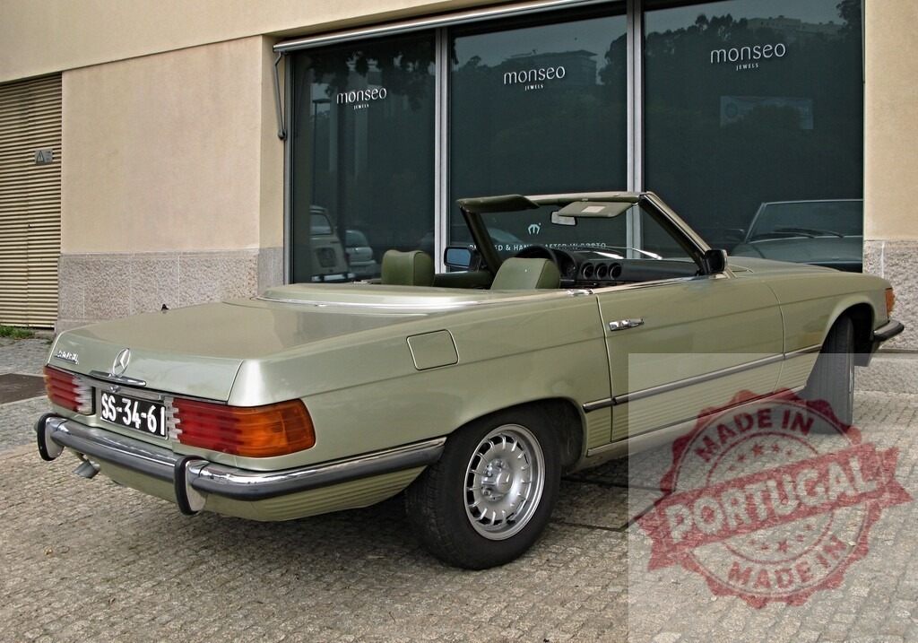 Classic Mercedes-Benz SL parked near dealership showcasing timeless design | Vintage Mercedes-Benz SL convertible parked outside a dealership, highlighting its elegant design and luxurious appeal - Realized with Pictrs.com