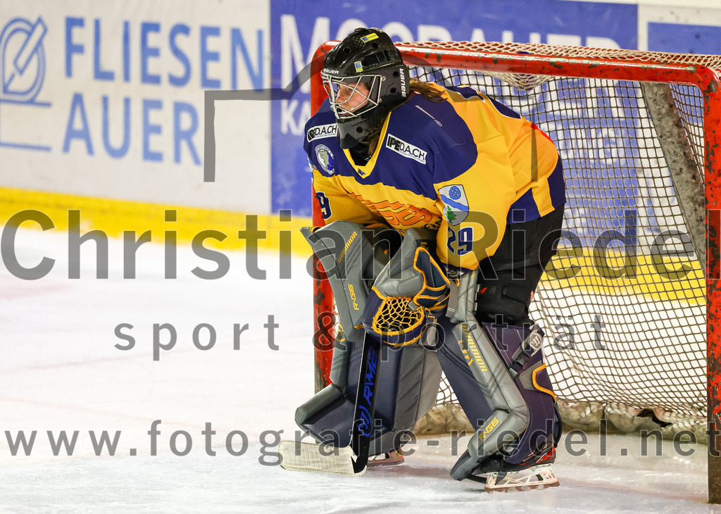 2022-10-30_121_TSV_Erding_gegen_ESC_Riverrats_Geretsried | Erding, Deutschland, 30.10.2022:
Eishockey, Bayernliga 2022 / 2023, 9. Spieltag, TSV Erding gegen ESC Riverrats Geretsried, Endergebnis: 3:5

Torwart Johanna May (ESC Riverrats Geretsried, #29)

Foto: Christian Riedel / fotografie-riedel.net