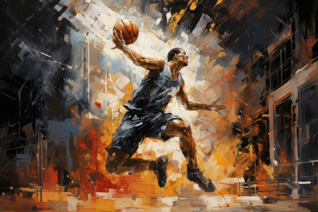 2307129 - Slamdunk | Bestellen Sie dieses Basketballmotiv als Kunstdruck auf Leinwand, Acrylglas, Alu-Dibond, Akustikbild oder als Poster. Unsere digitalen Gemälde wirken mit täuschend echten Pinselstrichen wie von Hand gemalt.