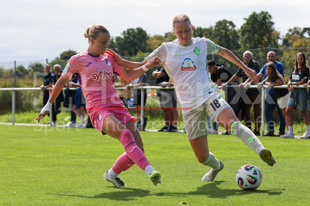 Fussball, Testspiel Frauen, TSG 1899 Hoffenheim - SV Werder Bremen | v.li.: Laura Gloning (TSG 1899 Hoffenheim, 20) und Lina Hausicke (SV Werder Bremen, 18) im Zweikampf, Duell, Dynamik, Aktion, Action, Spielszene