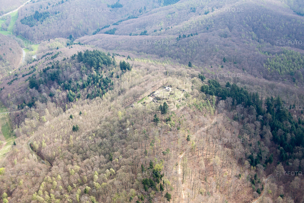 Luftbild: Burgruine Tannenberg in Seeheim-Jugenheim im Bundesland Hessen in Deutschland. Foto: IMG_077209.jpg vom 12.04.2015 durch Werner Riehm/FLY-FOTO.de