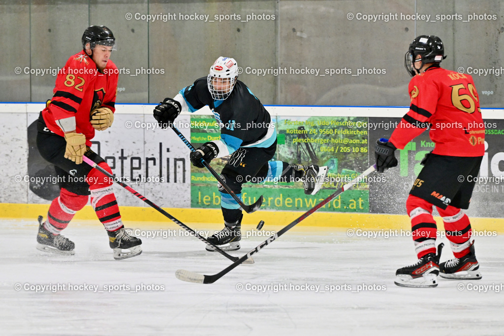 Lendhafen Seelöwen vs. Spartans Althofen | #82 Wilhelmer Philipp Spartans Althofen, #11 Göhringer Marius Lendhafen Seelöwen, #69 Köck Jakob Spartans Althofen, Lendhafen Seelöwen vs. Spartans Althofen, Lendhafen Seelöwen vs. Spartans Althofen am 14.02.2025 in Ferlach (HTC Eishalle Ferlach), Austria, (Photo by Bernd Stefan)