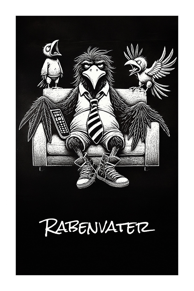 #2 Rabenvater | Monochrom mit weißem Rand; Aufschrift "RABENVATER"; Optik einer weißen Kreidezeichnung auf schwarzer Wand - Realisiert mit Pictrs.com