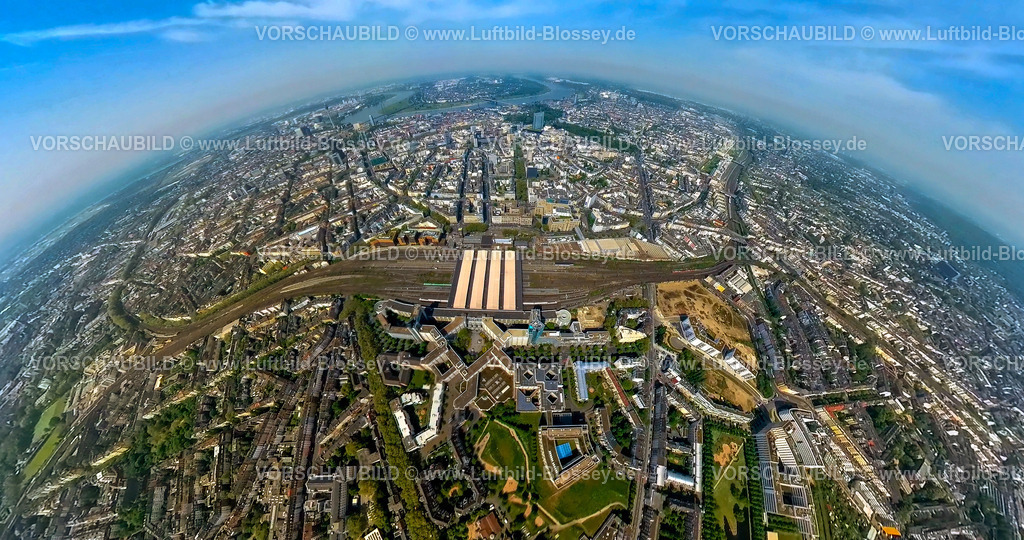 Duesseldorf240590074Hauptbahnhof | Luftbild, City und überdachter Hauptbahnhof Hbf mit Hauptgebäude und Bahnhofsvorplatz, Geschäftshäuser am Bertha-von-Suttner-Platz, Grand Central Düsseldorf Wohnquartier Baustelle, ehemaliges Postverteilzentrum am Hauptbahnhof, Erdkugel, Fisheye Aufnahme, Fischaugen Aufnahme, 360 Grad Aufnahme, tiny world, little planet, fisheye Bild, Stadtmitte, Düsseldorf, Nordrhein-Westfalen, Deutschland