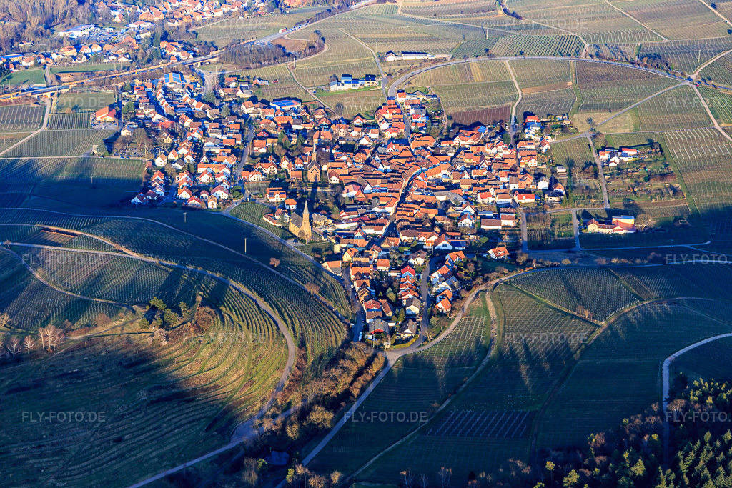 Luftbild: Weinort zu Füßen des Kastanienbusch / Keschdebusch aus Westen in Birkweiler im Bundesland Rheinland-Pfalz in Deutschland. Foto: IMG_105125.jpg vom 24.03.2018 durch Werner Riehm/FLY-FOTO.de