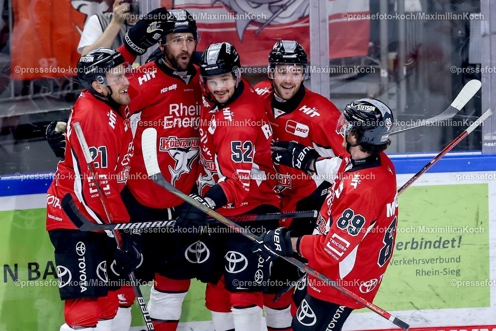 KEC04042501087 | 04.04.2025, Eishockey, DEL Play-offs, Kölner Haie - ERC Ingolstadt, Halbfinale Spiel 2, Lanxess-Arena Köln: Torjubel nach dem Tor zum 2:1 durch Torschütze Alexandre Grenier (Kölner Haie #82) 