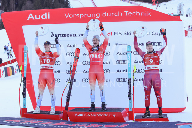 Audi FIS Ski World Cup: Men’s Slalom – Hahnenkamm Race, Kitzbuehel | Kitzbuehel, Austria, 25.Jan.26 - Alpine Skiing - FIS World Cup, Hahnenkamm Race, Slalom, men. The image shows VON ALLMEN Franjo (SUI, Head) second place with trophy, ODERMATT Marco (SUI, Stoeckli) first place with trophy and BABINSKY Stefan (AUT, Head) third place with trophy.