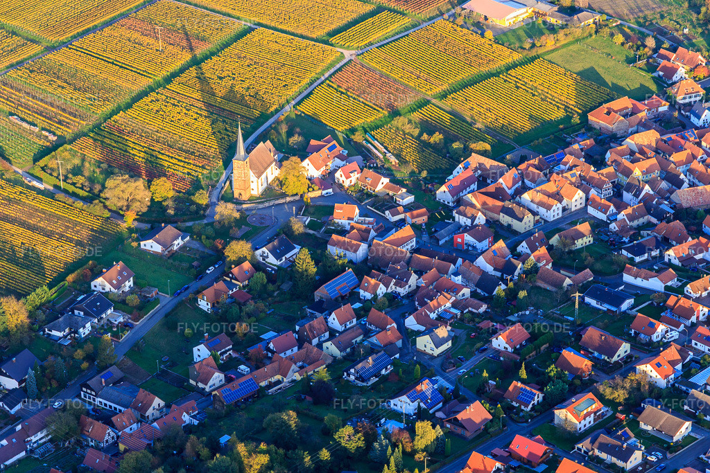 Luftbild: Winzerdorf aus Westen mit protest. Kirche an herbstlich gefärbten Weinbergen im Ortsteil Rechtenbach in Schweigen-Rechtenbach im Bundesland Rheinland-Pfalz in Deutschland. Foto: IMG_104440.jpg vom 31.10.2017 durch Werner Riehm/FLY-FOTO.de