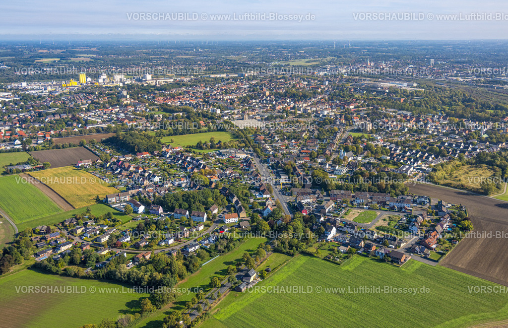 Hamm250900135 | Luftbild, Wohngebiet Hamm-Westen mit Kamener Straße und Blick zum Hafen, Stadtbezirk Pelkum, Hamm, Ruhrgebiet, Nordrhein-Westfalen, Deutschland