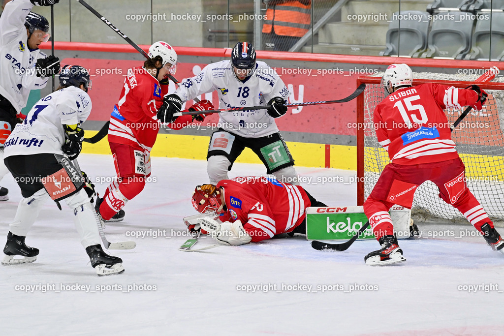 EC KAC Future Team vs. Die Adler Kitzbühl 7.10.2023 | #77 Lamereiner Leon#18 Kuronen Jimi EC Kitzbühel, #75 Kropiunig Ralf EC KAC FUTURE TEAM, #15 Slibar Ozbe, EC KAC Future Team vs. Die Adler Kitzbühl 7.10.2023, EC KAC Future Team vs. Die Adler Kitzbühl am 07.10.2023 in Klagenfurt (Messehalle Klagenfurt), Austria, (Photo by Bernd Stefan)