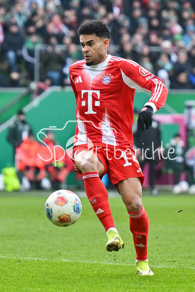 SV Werder Bremen - FC Bayern München | BREMEN, GERMANY - 14. FEBRUARY: am Ball Luis DIAZ (FC Bayern Munich 14) / Einzelfoto / Freisteller während dem Bundesligamatch zwischen dem SV Werder Bremen und dem FC Bayern München am 22. Spieltag im Weserstadion / DFL REGULATIONS PROHIBIT ANY USE OF PHOTOGRAPHS AS IMAGE SEQUENCES AND/OR QUASI-VIDEO
