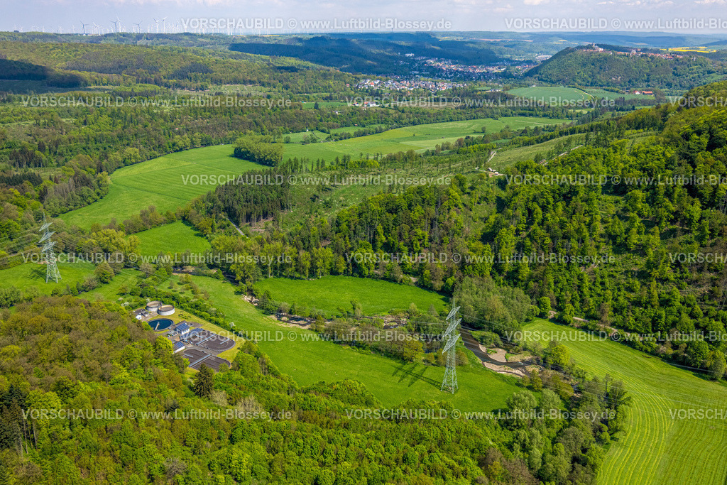 Marsberg240504085 | Luftbild, Fluss Diemel und Kläranlage Bredelar in waldiger Hügellandschaft, Giershagen, Marsberg, Sauerland, Nordrhein-Westfalen, Deutschland