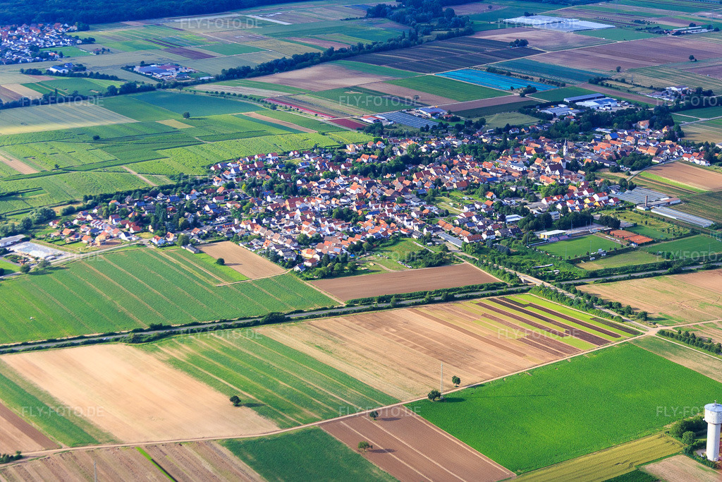 Luftbild: Ortsübersicht aus Südwesten jenseits der B272 in Weingarten im Bundesland Rheinland-Pfalz in Deutschland. Foto: IMG_090063.jpg vom 26.06.2016 durch Werner Riehm/FLY-FOTO.de