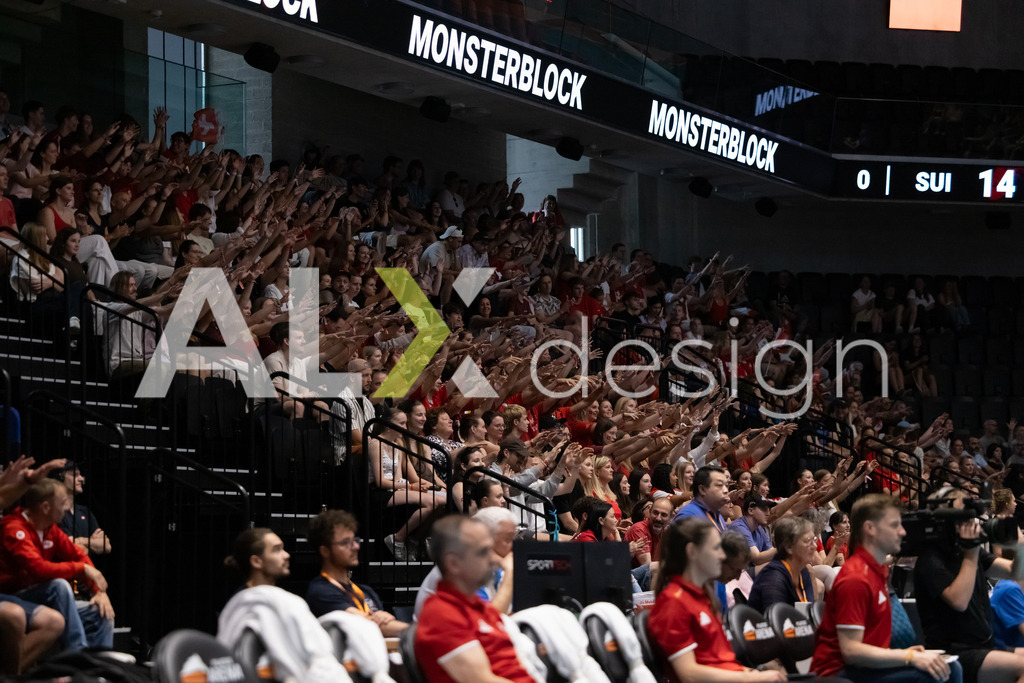 Austria v Switzerland - CEV European League Women | KRIENS, SWITZERLAND - JUNE 14: Fans of Switzerland celebrating a „Monsterblock“ during the CEV European League match between Austria and Switzerland at Pilatus Arena on June 14, 2026 in Kriens, Switzerland. - Realisiert mit Pictrs.com