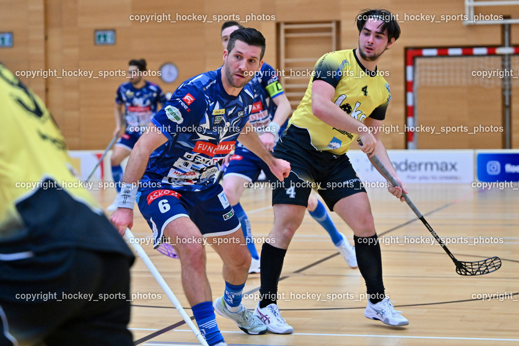 VSV Unihockey  vs. FBK Loka  | #6 Timo Schmid VSV Unihockey, #4 Maj Oman FBK Loka, VSV Unihockey  vs. FBK Loka , VSV Unihockey  vs. FBK Loka  am 25.01.2026 in Villach (Ballspielhalle St. Martin), Austria, (Photo by Bernd Stefan)