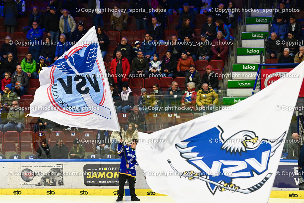 EC IDM Wärmepumpen VSV vs. HC Pustertal | EC VSV Fahnen, EC VSV Fans, Besucher Stadthalle Villach, EC IDM Wärmepumpen VSV vs. HC Pustertal, EC IDM Wärmepumpen VSV vs. HC Pustertal am 15.11.2024 in Villach (Stadthalle Villach), Austria, (Photo by Bernd Stefan)