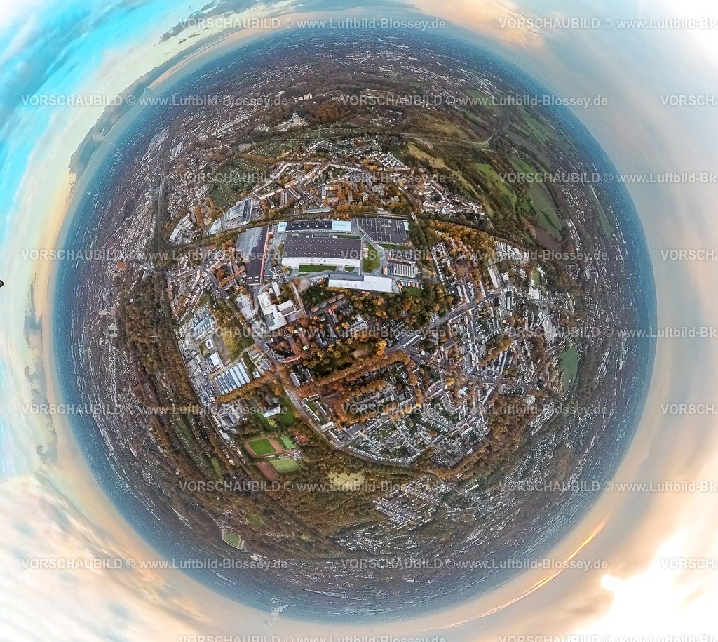 Gelsenkirchen231190095Rotthausen-topaz | Luftbild, Ortsansicht Ortsteil Rotthausen mit Pilkington Deutschland AG Glashersteller, umgeben von herbstlichen Laubbäumen, Erdkugel, Fisheye Aufnahme, Fischaugen Aufnahme, 360 Grad Aufnahme, tiny world, little planet, fisheye Bild, Rotthausen, Gelsenkirchen, Ruhrgebiet, Nordrhein-Westfalen, Deutschland