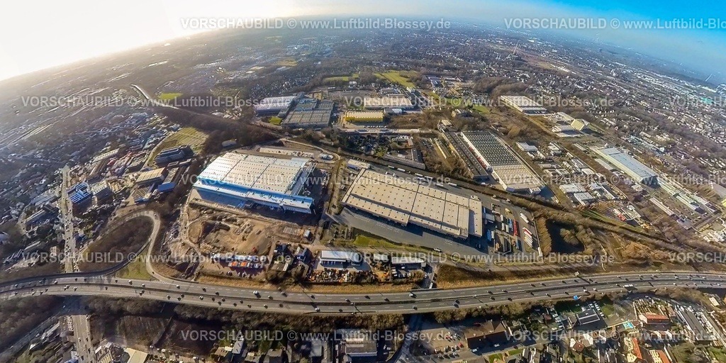 Bochum240190084RiehmkeLidlLogistik | Luftbild, Baustelle Gewerbepark HER-BO an der Autobahn A43 Abfahrt Riemke, Lidl Logistik, Erdkugel, Fisheye Aufnahme, Fischaugen Aufnahme, 360 Grad Aufnahme, tiny world, little planet, fisheye Bild, Riemke, Bochum, Ruhrgebiet, Nordrhein-Westfalen, Deutschland