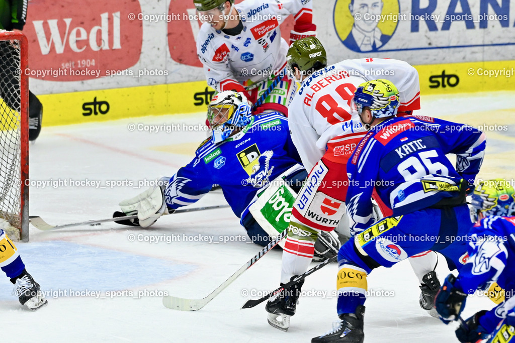 EC VSV vs. HC Bozen 16.2.2024 | #1 1 Jean-Philippe Lamoureux, #88 Alberga Domenico, #95 KATIC Mark,  EC VSV vs. HC Bozen 16.2.2024, EC VSV vs. HC Bozen 16.2.2024 am 16.02.2024 in Villach (Stadthalle Villach), Austria, (Photo by Bernd Stefan)