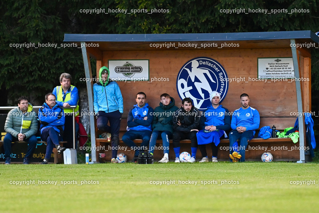Dellach Gail vs. Rapid Lienz | Spielerbank Dellach Gail, Headcoach Dellach Gail Wolfgang Wilscher, Asisstentcoach Dellach Gail Jakob Wastian, Dellach Gail vs. Rapid Lienz, Dellach Gail vs. Rapid Lienz am 26.04.2024 in Dellach (Sportplatz Dellach Gail), Austria, (Photo by Bernd Stefan)