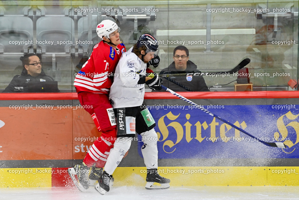 EC KAC Future Team vs. Die Adler Kitzbühl 7.10.2023 | #70 Lippitsch Jakob EC KAC FUTURE TEAM, #73 Tröthan Rene EC Kitzbühel, EC KAC Future Team vs. Die Adler Kitzbühl 7.10.2023, EC KAC Future Team vs. Die Adler Kitzbühl am 07.10.2023 in Klagenfurt (Messehalle Klagenfurt), Austria, (Photo by Bernd Stefan)