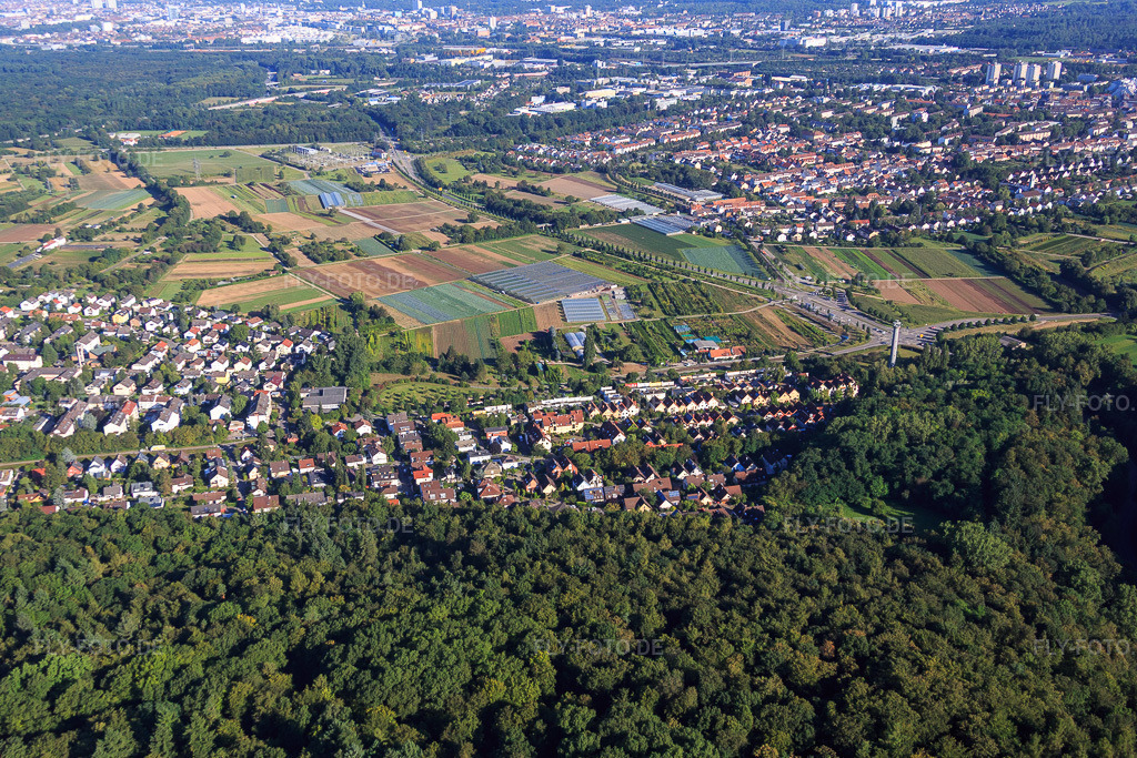 Luftbild: Ortsansicht von Osten im Ortsteil Wolfartsweier in Karlsruhe im Bundesland Baden-Württemberg in Deutschland. Foto: IMG_092955.jpg vom 13.08.2016 durch Werner Riehm/FLY-FOTO.de