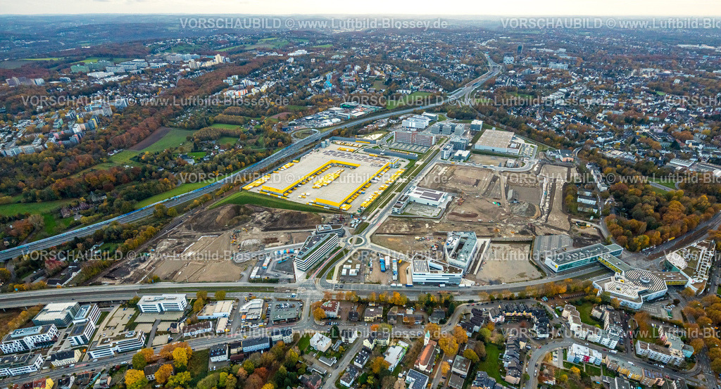 Bochum231102369 | Luftbild, Großbaustelle Mark 51/7, O-Werk Campus und Neubau Wissenschafts- und Technologiequartier, ehemaliges Opel Areal an der Autobahn A448, DHL Logistik, Wohngebiet und Fernsicht mit Ortsansicht Bochum Laer, Bochum, Ruhrgebiet, Nordrhein-Westfalen, Deutschland