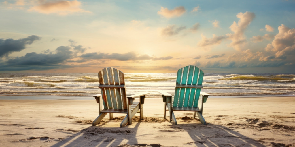 2308061 - Liegestühle am Strand | Modernes digitales Kunstbild von Liegestühlen an einem Strand bei Sonnenuntergang. 