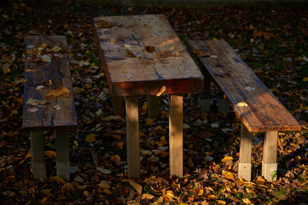 Laubbedeckte Holz-Sitzgarnitur | Heiligenbrunn, Austria - October 23, 2016: Laubbedeckte Holz-Sitzgarnitur. - Realisiert mit Pictrs.com