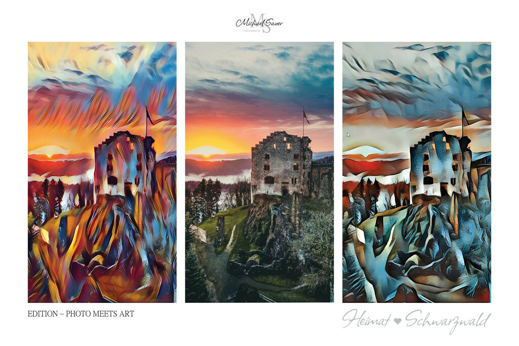 Edition “PHOTO MEETS ART” | Die Edition “PHOTO MEETS ART” ist eine außergewöhnliche Schwarzwald-Bildergalerie für alle Kunstliebhaber. Bei diesen Werken handelt es sich um exklusive Digitalkunst, bei denen mittels künstlicher Intelligenz neue Visualisierungen erschaffen wurden. Das Ergebnis ist eine 3er-Bild-Collage mit der realen Fotografie im Zentrum, flankiert von zwei unterschiedlichen Kunststilen. Natürlich ausschließlich mit Bildern aus dem Schwarzwald! - Realisiert mit Pictrs.com