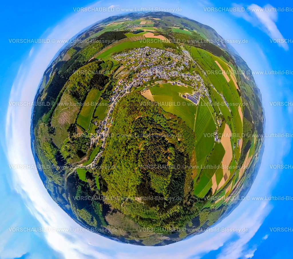 Schmallenberg240590302Boedefeld | Luftbild, Wohngebiet Ortsansicht Ortsteil Bödefeld umgeben von Wiesen und Feldern, Bergkette, Erdkugel, Fisheye Aufnahme, Fischaugen Aufnahme, 360 Grad Aufnahme, tiny world, little planet, fisheye Bild, Bödefeld, Schmallenberg, Sauerland, Nordrhein-Westfalen, Deutschland