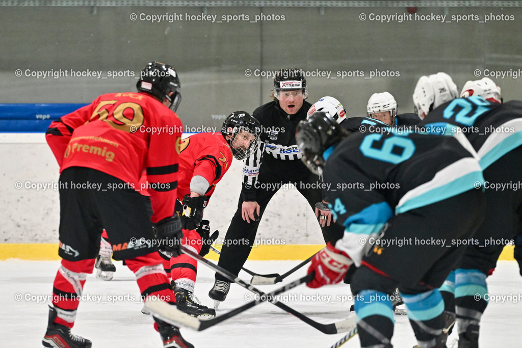 Lendhafen Seelöwen vs. Spartans Althofen | #69 Köck Jakob Spartans Althofen, #20 Ban Christian Spartans Althofen, Pirsch Christoph Referee, Lendhafen Seelöwen vs. Spartans Althofen, Lendhafen Seelöwen vs. Spartans Althofen am 14.02.2025 in Ferlach (HTC Eishalle Ferlach), Austria, (Photo by Bernd Stefan)