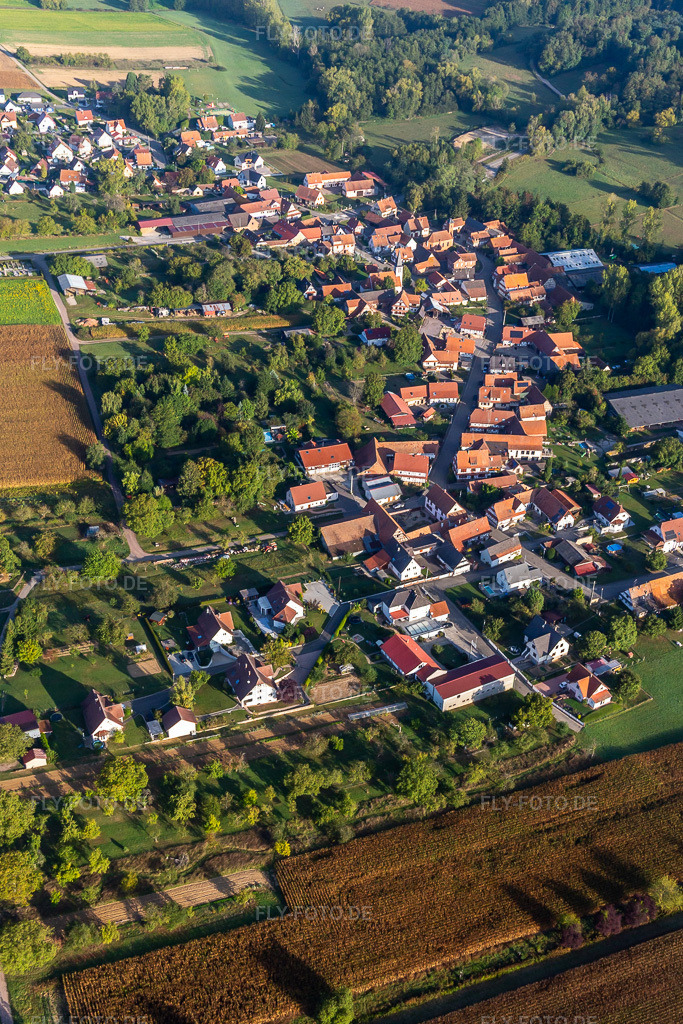 Luftbild: Ortsansicht von Südwesten in Ingolsheim im Bundesland Bas-Rhin in Frankreich. Foto: IMG_139248.jpg vom 01.10.2023 durch Werner Riehm/FLY-FOTO.de