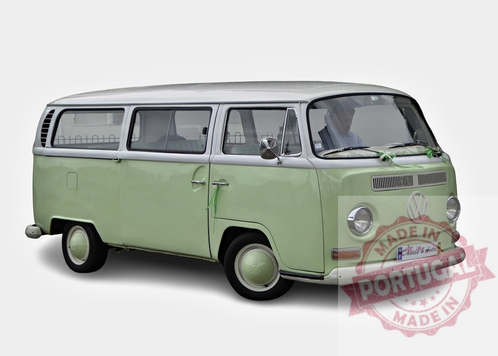 Classic Volkswagen Kombi Van Decorated for a Wedding | Light green Volkswagen Kombi Type 2 decorated with ribbons, ready for a wedding ceremony - Realized with Pictrs.com