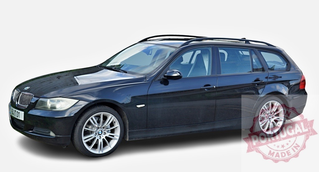 Black BMW 3 Series Touring parked on white background | Shiny black BMW 3 Series Touring with roof rack parked on a white background, offering ample space and style - Realized with Pictrs.com