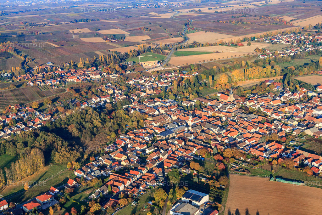 Luftbild: Ortsansicht von Westen im Ortsteil Ingenheim in Billigheim-Ingenheim im Bundesland Rheinland-Pfalz in Deutschland. Foto: IMG_46145.jpg vom 31.10.2011 durch Werner Riehm/FLY-FOTO.deAuflösung des Originals: 4752 x 3168 px