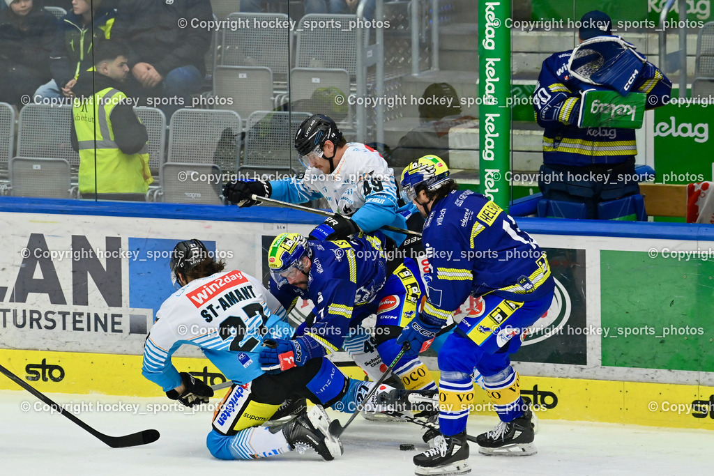 EC IDM WÄRMEPUMPEN VSV vs. Steinbach Black Wings Linz | #27 Shawn St-Amant Black Wings Linz, #13 Adam Helewka EC VSV, #71 Steven Strong EC VSV, #49 Graham Knott Black Wings Linz, EC IDM WÄRMEPUMPEN VSV vs. Steinbach Black Wings Linz, EC IDM WÄRMEPUMPEN VSV vs. Steinbach Black Wings Linz am 28.11.2025 in Villach (Stadthalle Villach), Austria, (Photo by Bernd Stefan)
