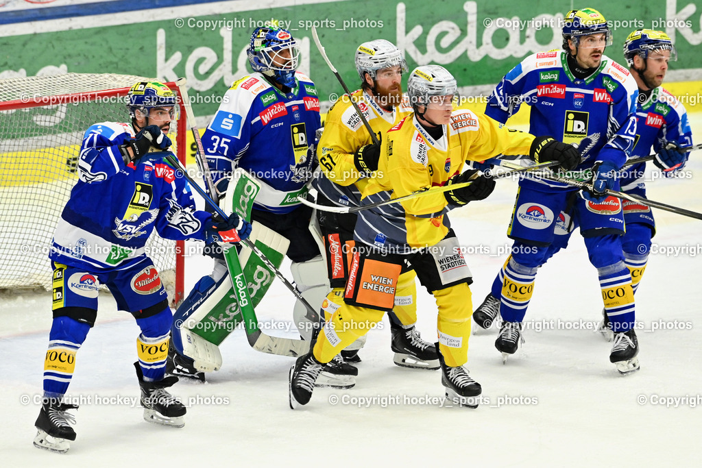 EC IDM WÄRMEPUMPEN VSV vs. Vienna Capitals | #71 Steven Strong EC VSV, #35 Joe Cannata EC VSV, #61 Zane Franklin Vienna Capitals, #9 Leon Wallner Vienna Capitals, #13 Adam Helewka EC VSV, #95 Mark Katic EC VSV, EC IDM WÄRMEPUMPEN VSV vs. Vienna Capitals, EC IDM WÄRMEPUMPEN VSV vs. Vienna Capitals am 16.11.2025 in Villach (Stadthalle Villach), Austria, (Photo by Bernd Stefan)