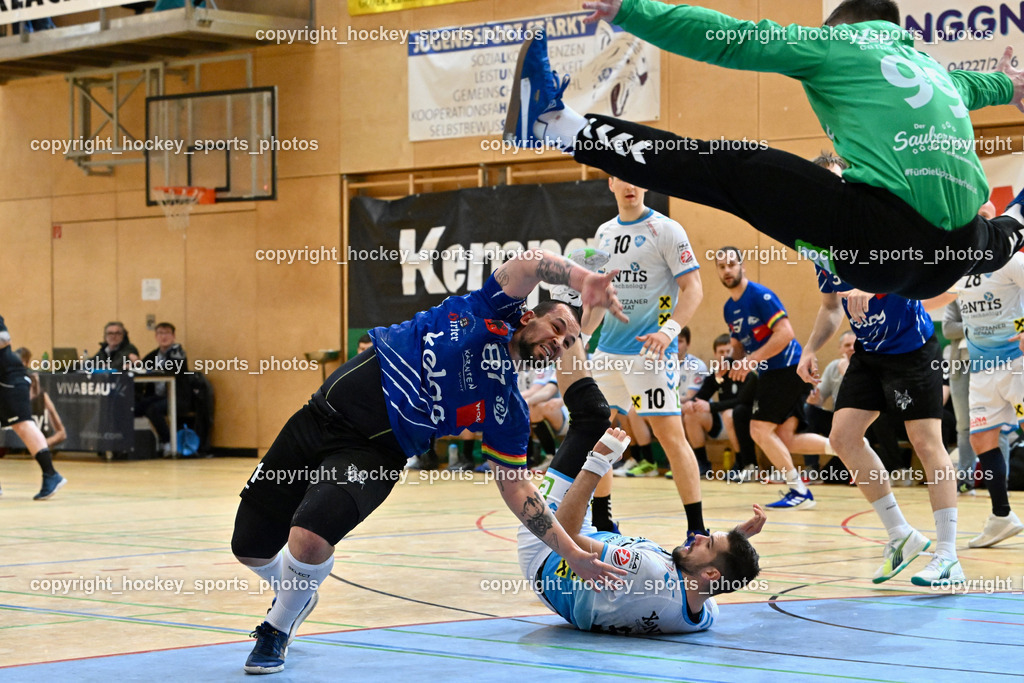 SC Ferlach vs. HSG Bärnbach/Köflach 30.3.2024 | #81 MILICEVIC Adrian SC Ferlach, #56 Beciri Kristian HSG Bärnbach, #10 Perkusic Toni HSG Bärnbach, #99 Strasek Denis HSG Bärnbach, SC Ferlach vs. HSG Bärnbach/Köflach 30.3.2024, SC Ferlach vs. HSG Bärnbach/Köflach am 30.03.2024 in Ferlach (Ballspielhalle Ferlach), Austria, (Photo by Bernd Stefan)