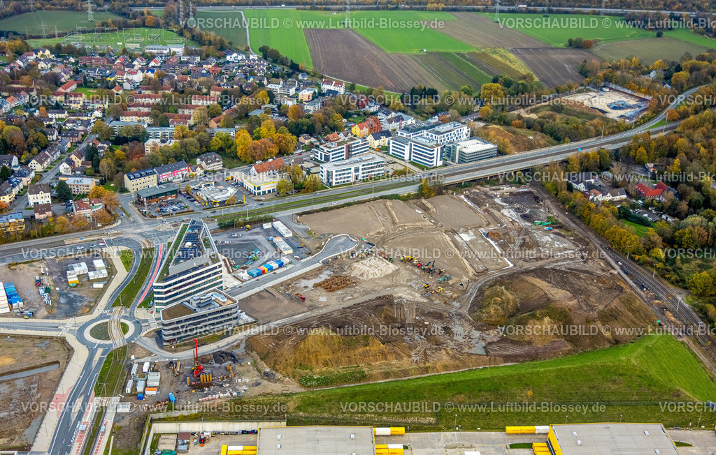 Bochum231102391 | Luftbild, Großbaustelle Mark 51/7, O-Werk Campus und Neubau Wissenschafts- und Technologiequartier, ehemaliges Opel Areal, Baugebiet mit Kreisverkehr an der Wittener Straße, Innocampus und office-campus 51/7, Wohngebiet Ortsteil Laer, Bochum, Ruhrgebiet, Nordrhein-Westfalen, Deutschland