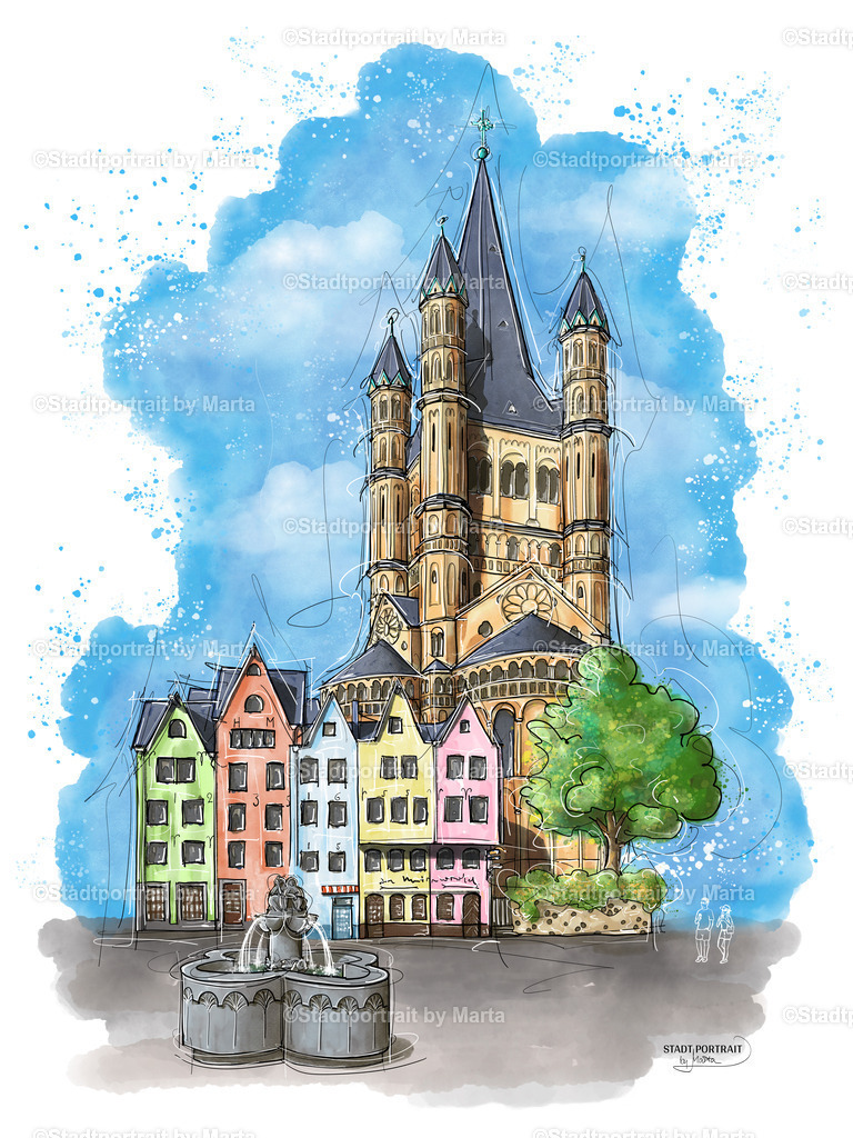 koeln-fischmarkt-fischweiber-brunnen-groß-sankt-martin-kunstdruck-wandbild | Stadtportrait by Marta